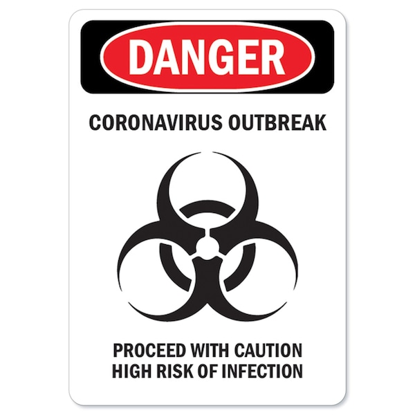 OSHA Sign, Danger Corona Outbreak, 5in X 3.5in Decal, 10PK, 5" W, 3.5" H, Danger Corona Outbreak